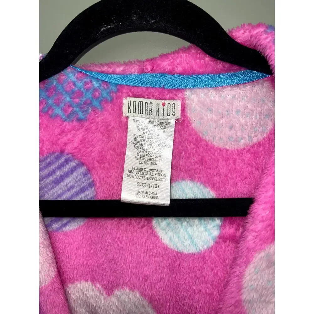 Komar Kids Plush Hooded Robe Pink Polka Dot Hearts Cozy Bathrobe Size 7/8